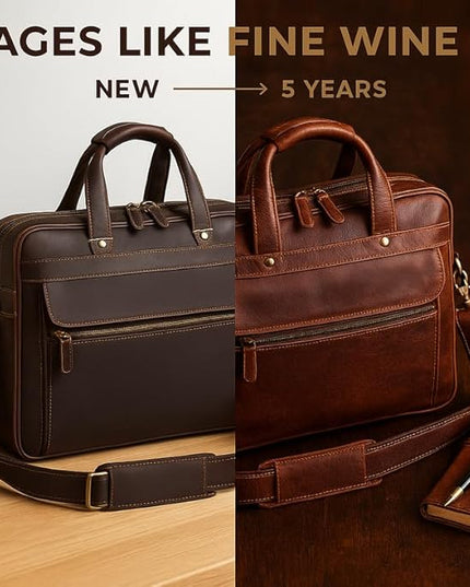 Luxorro Full Grain Leather Briefcase for Men, Top Choice Gifts, Handcrafted Laptop Bag with Multiple Compartments and Brass Hardware, Fits 15.6 Inch Laptop
