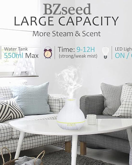 BZseed Aromatherapy Essential Oil Diffuser 550ml 12 Hours White Wood Grain Aroma Diffuser with Timer for Large Room, Home, Baby Bedroom, Waterless Auto Shut-Off, 7 Colors Lights Changing