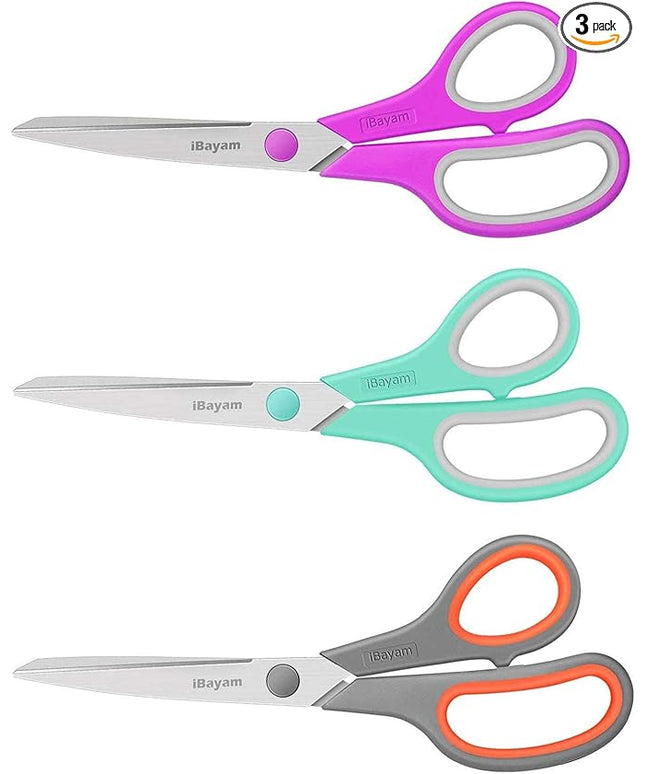 Scissors, iBayam 8" All Purpose Scissors Bulk 3-Pack, Ultra Sharp 2.5mm Thick Blade Shears Comfort-Grip for Office Desk Accessories Sewing Fabric Home Craft Teacher School Supplies, Right/Left Handed