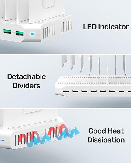 iPad Charging Station, Unitek 96W 10-Port USB Charging Dock Hub with Quick Charge 3.0, Charging Stand Compatible Multiple Device, Charging 8 iPads Simultaneously - [Upgraded Divider]