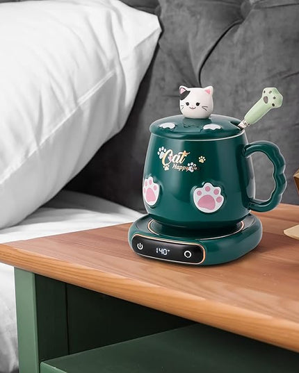 Bgbg Coffee Mug Warmer & Cute Cat Mug Set, Beverage Cup Warmer for Desk Home Office with Three Temperature Up to 140℉/ 60℃, Coffee Warmer for Cocoa Milk Tea Water Candle, 8 Hours Auto Shut Off