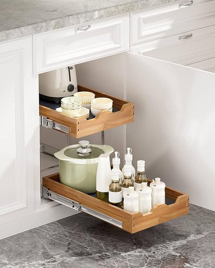 OCG Pull Out Drawers For Cabinets 14"W x 21"D, 2 Tier Heavy-Duty Slide out Wood Drawer Shelf, Pull Out Drawer for Cabinets, Base Cabinet Organization for Kitchen, Pantry, Bathroom