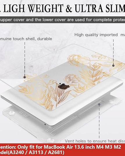 CISSOOK for MacBook Air 13.6 inch Case A3240 A2681 A3113 Release 2022 2023 2024 2025, Plastic Hard Shell Case Keyboard Cover for MacBook Air 13 inch M2 M3 M4, Gold Floral Blossom