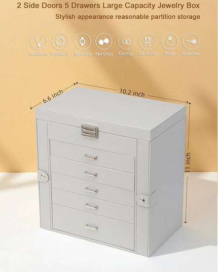 BOOVO Jewelry Box For women, 6 Layer Large Jewelry Organizer With Mirror, Multi-Function Storage Box With Lock, Necklace Holder With 5 Drawers, For Earrings Necklace Bracelet (Silver and Grey)