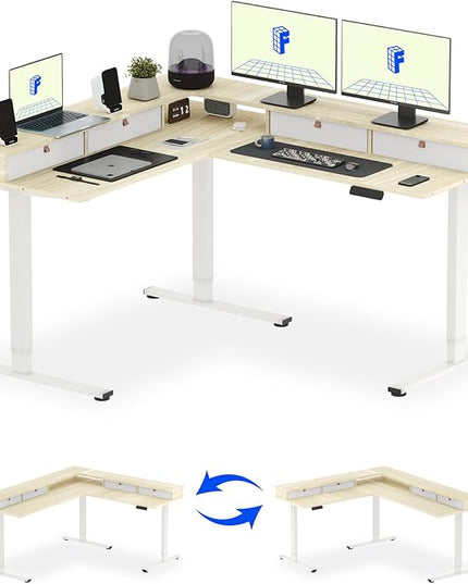 FLEXISPOT 63" L Shaped Standing Desk with Shelf Electric Corner Table, Drawers, Adjustable Computer Workstation for Home, Office,USB Charging Port, 63x55in, Light Maple Top + White Frame