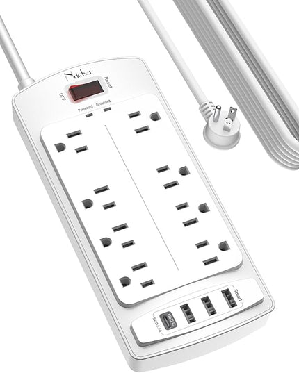 Surge Protector Power Strip - Nuetsa Flat Plug Extension Cord with 8 Outlets and 4 USB Ports, 20 Feet Power Cord (1625W/13A), 2700 Joules, ETL Listed, White