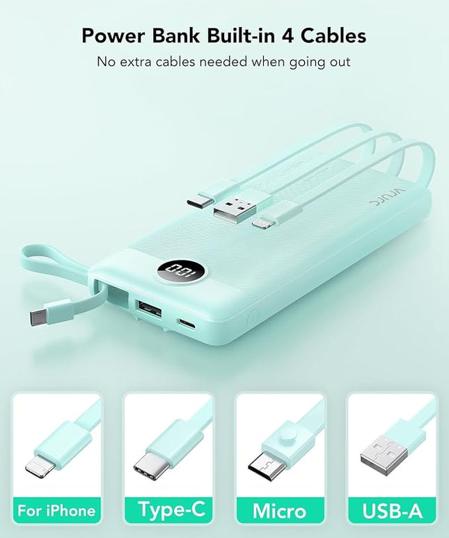 VRURC Portable Phone Charger, Portable Charger USB C 10000mAh, 5 Outputs 2 Inputs Travel Battery Power Bank Built-in Cables Cords for iPhone 17 Pro 17 16 15 14 13,Samsung,Android-Green(1 Pack)