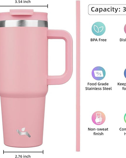 30 oz Tumbler with Handle and 2 Straws,2 in 1 Lid Insulated Water Bottle Stainless Steel Travel Coffee Mug,Pink