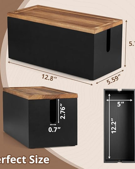Wood Cable Management Box - Cable Organizer Box - 2 Open Slots Cords Hider Box - Under Desk Cord Organizer for Power Strip Extension Cord Surge Protector Charger Wire, Black