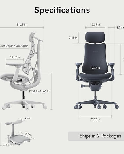 LiberNovo Dynamic Ergonomic Desk Chair + StepSync Footrest Bundle - Comfy Home Office Chair with Adaptive Lumbar Support, 160° Recline & Built-in Spine Stretch, Black+48cm