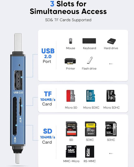 Dockteck SD Card Reader Adapter, 5G Super Speed USB3.0 SD/TF Card Reader, 3-Slot USB A/C to SD/Micro SD/USB A Memory Card Reader for UHS-I SD/Micro SD/SDHC/SDXC/MMC, with OTG for Plug&Play