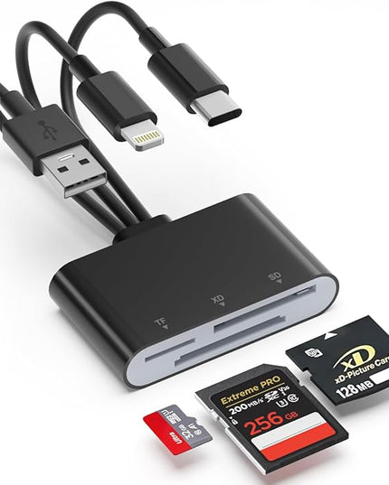 XD Card Reader for Olympus Fujifilm, 3-in-1 XD Picture Card Adapter with Lightning/USB-A/USB C for iPhone 17/16/15/14/13/12 iPad Android PC, Memory Cards Reader for SD/TF/XD Cards and Digital Cameras