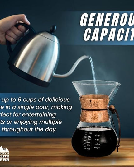 New York's Favorite Coffee - 6 Cup Pour Over Coffee Maker,Borosilicate Glass Carafe with Wooden Collar,Drip Coffee Brewer for Home & Office,Dishwasher Safe