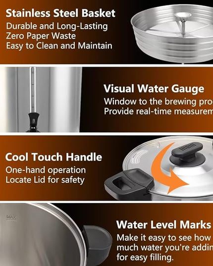 95 Cup 16L/4.23Gallon Commercial Coffee Urn, Festa Essential 1500W Large Percolate Coffee Maker, Hot Beverage dispenser With Double Dripless Faucet,Quick-Brewing Hot Water Urn for Catering,Home,Events