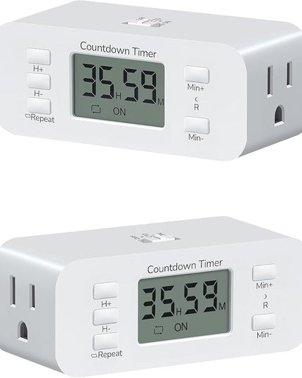 DEWENWILS 2 Pack Indoor Countdown Timer Outlet, Timers for Electrical Outlets Indoor, Large Screen and Repeat Function, Up to 36 Hours, Auto Shut Off for Fan, Lights, Charger, 125V 60Hz
