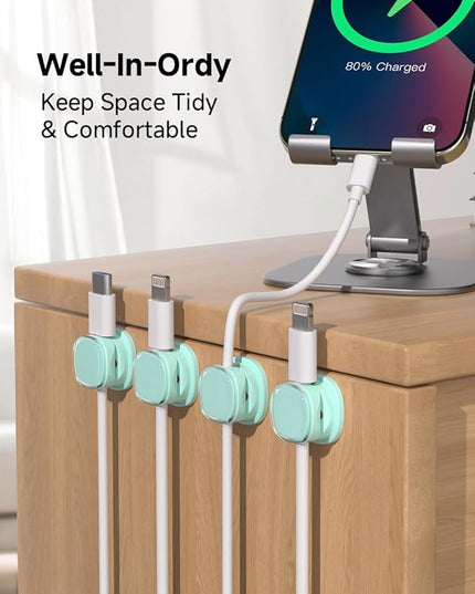Magnetic Cable Clips, Adjustable Cord Holder Management, Adhesive Wire Keeper Organizer for Home Office Desk Phone PC Car Wall Desktop Nightstand Appliance (9-PCS Cyan)