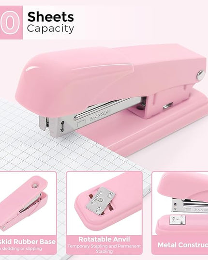 SKYDUE Pink Office Supplies Set, Pencil Holder for Desk,Gel Pen, Stapler, Tape Dispenser, Scissors,Clips and 1000pcs Staples, Office Decor for Women, Pink Desk Accessories