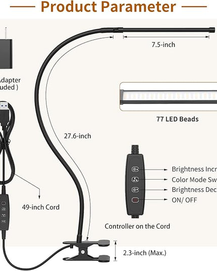 iZELL Desk Light [2-Pack] LED Desk Lamp with Clamp [77 LEDs with 3 Color Modes & 10 Brightness Levels] Flexible Gooseneck Book Light, Easy Clip-on Reading Light