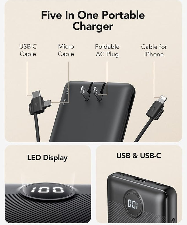 Portable Charger,Power Bank Built-in Cables and AC Wall Plug,VRURC USB C Portable Bank 10000mAh,Travel Essentials Phone Charger Compact Lightweight External Battery Pack for Smart Phones,Tablets-Black