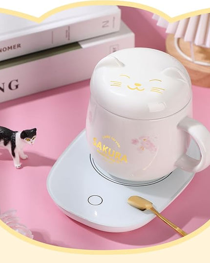 Honeydak Coffee Mug Warmer Cute Cat Mug Set Cup Warmer for Women Heated Coffee Warmers for Mom Home Office Desk Valentine's Day Anniversary Birthday Gifts(Sakura,White)