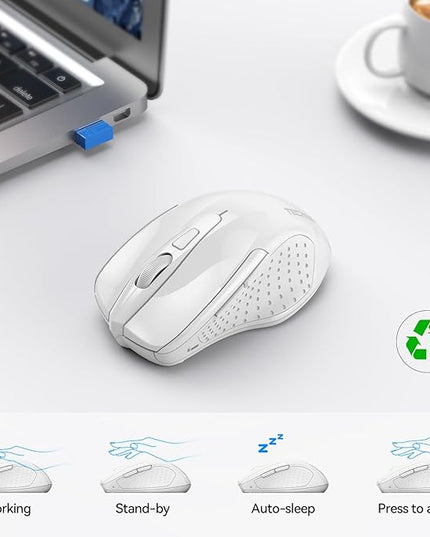 TECKNET Wireless Mouse (2.4G & BT5.0/3.0) Silent 4800 DPI Computer USB A & Bluetooth Mouse 6 Buttons, Wide Compatibility - White