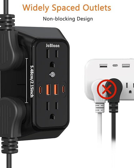 USB Wall Charger Power Strip Surge Protector with 4 USB Ports (2 USB C) Plug Extension Multiple Outlets Plug Extension Multi Outlet Plug in Adapter Spaced Outlets for Home Office Travel,White (Black)