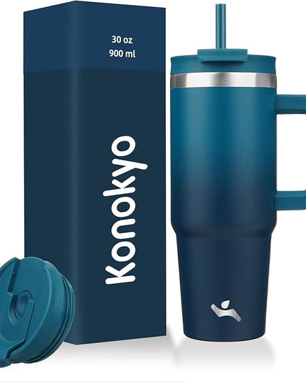 30 oz Tumbler with Handle and 2 Straws,2 in 1 Lid Insulated Water Bottle Stainless Steel Travel Coffee Mug,Indigo Black