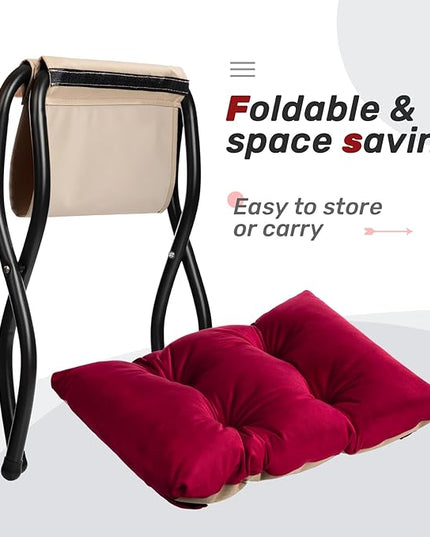 HollyHOME 15"(H) Folding Footrest Stool, Upholstered Small Foldable Ottoman, Accent Padded Sofa Foot Stool for Lazy Chair, Metal Frame Portable Foot Rest Ottoman for Living Room, Bedroom, Burgundy