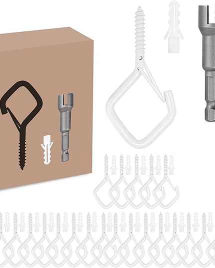 50 PCS White Eye Screw Hooks for Hanging Heavy Duty with Safety Buckle.Metal Ceiling Hooks for Hanging Plants Cup Wind Chime Bird Feeders Patio Lights at Indoor&Outdoor