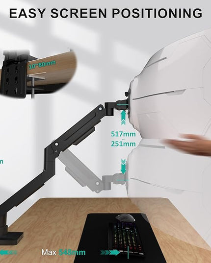 WALI Ultrawide Monitor Arm for 17-49 Inch Heavy Duty Curved Screens, Holds up to 44 Lbs, Adjustable Gas Spring Single Monitor Desk Mount with C-Clamp, Grommet Base, 75/100mm VESA, (GSM001XL), Black