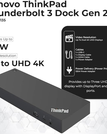 Lenovo 40AN0135US Dock 135W Bundle - Gen 2 Dual UHD 4K Display with 135W Power Adapter + 4K HDMI Cable + 4K DisplayPort Cable + Thunderbolt Cable + Microfiber Cloth - Lenovo Docking Station (Renewed)