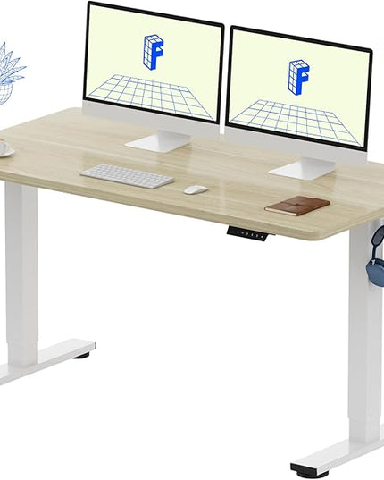 FLEXISPOT EN1 One-Piece Standing Desk with 1-Inch Thick Seamless Desktop, 55"x28" Electric Height Adjustable Desk for Home Office, Multi-Monitor Setups & Easy Assembly, White Wood Grain