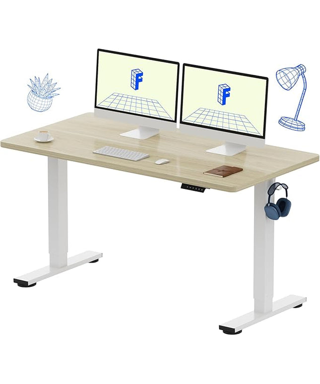 FLEXISPOT EN1 One-Piece Standing Desk with 1-Inch Thick Seamless Desktop, 55"x28" Electric Height Adjustable Desk for Home Office, Multi-Monitor Setups & Easy Assembly, White Wood Grain