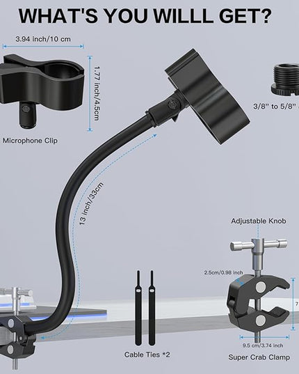 ZealSound Microphone Stand,Gooseneck Arm with Heavy Duty Crab Clamp for Round Pipes & Desktops,Flexible Boom Mount with Mic Clip for Podcast,Compatible with Blue Snowball, Razer, Pyle & More 13 Inch