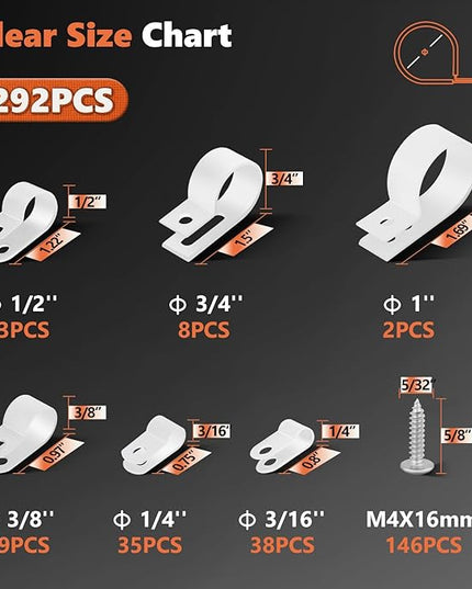 292PCS Cable Clamps, Cable Clips for Management Cord Organizer, 6 Sizes-3/16'' 1/4'' 3/8'' 1/2'' 3/4'' 1'' White PA66 Nylon R-Type Plastic Screw Mounting Cord Clamp Assortment Kit with M4 Screws