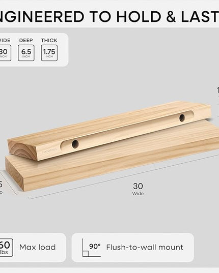 Homeforia 30 inch Natural Floating Shelf, High End Solid Real Wood 30inch Small Floating Shelves for Wall Mounted, Natural Wooden Floating Shelves, Heavy Duty Bracket, 30 X 6.5 X 1.75 in, Set of 2