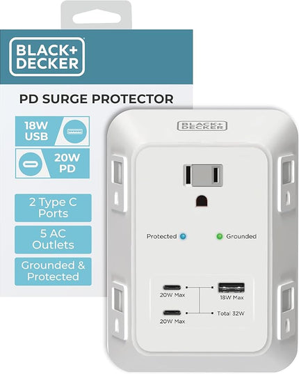 BLACK+DECKER PD USB Wall Charger Surge Protector, 5 Outlet Extender w/ 2 USB C PD & 1 USBA Charging Ports, Fast Charge 3 Sided Power Strip Multi Plug Outlets Wall Adapter for Home Office, ETL Listed