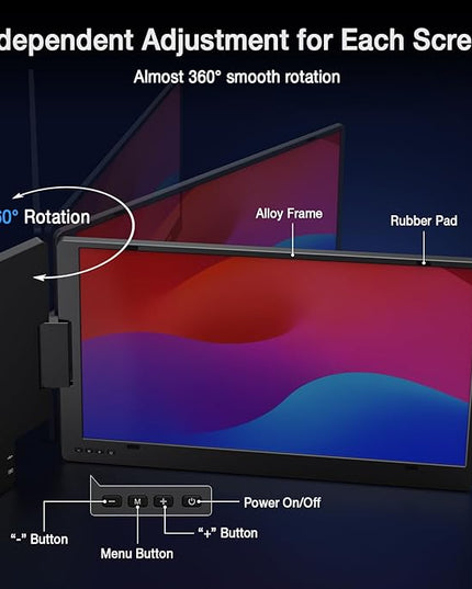KYY 15.6" Laptop Screen Extender, 1080P FHD IPS Portable Monitor, One Cable USB-C Triple Monitor, Dual Travel Screen for 12"-17'' Laptops, 360° Rotation & Kickstand，X90D (Driver Need)