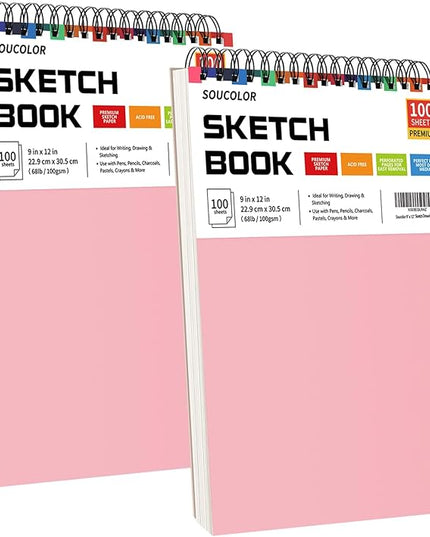 Art Supply Set - Sketching & Drawing Kit, Sketchbook Art Paper for Adult Artists, Soucolor 9" x 12" Sketch Book, 2-Pack 100 Sheets Spiral Bound Sketchbook, Acid Free