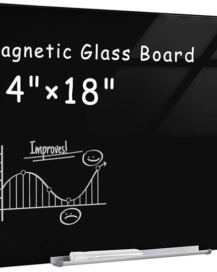 Mifuro Magnetic Glass Whiteboard，24"x18" Wall Mounted Frameless Dry Erase Board for Office, Home & School Black