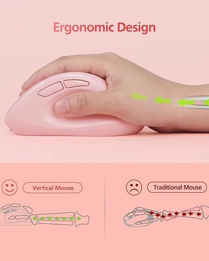 Micropack Wireless Bluetooth Mouse Ergonomic Vertical for Laptop MacBook PC Tablet Rechargeable Silent Click Multi-Device 3-Mode 2.4G Adjustable DPI Compatible with Windows Android iOS MacOS Pink