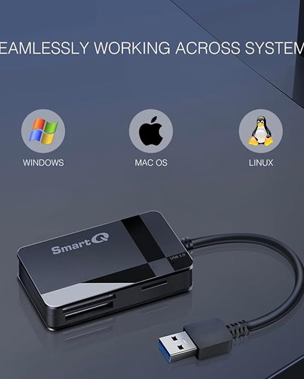 SmartQ C368 USB 3.0 Card Reader - Plug & Play, Compatible with Apple & Windows, Supports SD, Micro SD, MS, CF Cards