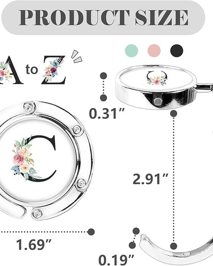 Iqimott 3pcs Personalized Initial Foldable Purse Hook for Table, Flower Letter Folding Handbag Hanger Portable Magnet Table Hook Holder, Collection Desk Purse Hooks for Women Bag (Black-C)