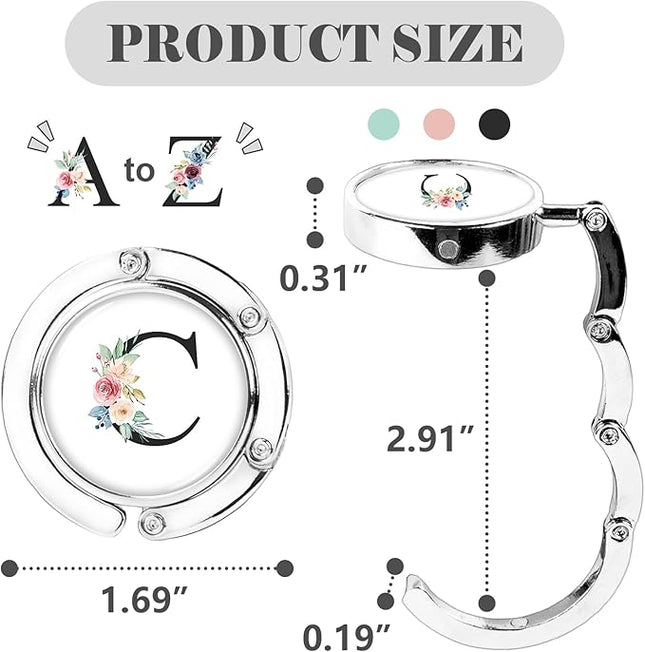 Iqimott 3pcs Personalized Initial Foldable Purse Hook for Table, Flower Letter Folding Handbag Hanger Portable Magnet Table Hook Holder, Collection Desk Purse Hooks for Women Bag (Black-C)
