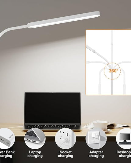 SKYLEO Led Desk Lamp - 33.5" Desk Light - Flexible Gooseneck - 5 Color Modes X 11 Brightness Levels - 1300LM - Timmer & Memory Function - 12W Clip on Light - White