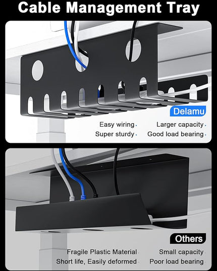 Delamu 2 Pack Metal Under Desk Cable Management Tray, U Channel Cord Organizer Box, Office Under Desk Cord Organizers, Cable Management with Various Accessories, Black, 15.75 Inches