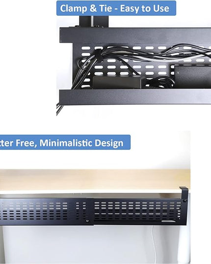 AEONS Under Desk Cable Management Tray Kit - Horizontal Adjustable up to 41” Removable C Clamp Mount Reversible Computer Cord Raceway and Modesty Panel for Large Table, Black