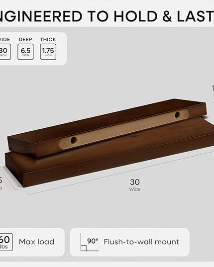 Homeforia 30inch Walnut Floating Shelves for Wall Mounted, High End Solid Real Wood 30 in Floating Shelf, Dark Brown Wooden 30 inch Long Floating Shelves, Heavy Duty Bracket, 30 X 6.5 X 1.75, Set of 2