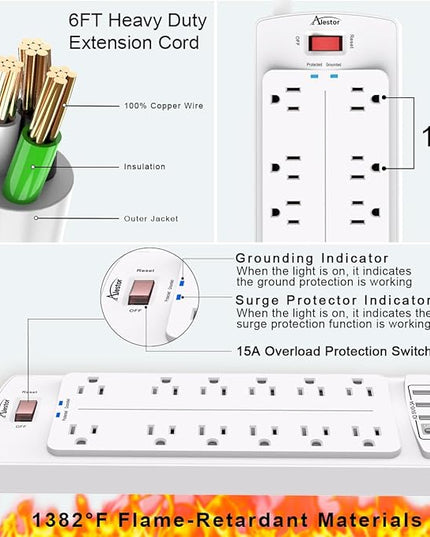 Power Strip,ALESTOR Surge Protector with 12 Outlets and 4 USB Ports, 6 Feet Extension Cord (1875W/15A) for for Home, Office, Dorm Essentials, 2700 Joules, ETL Listed (White)