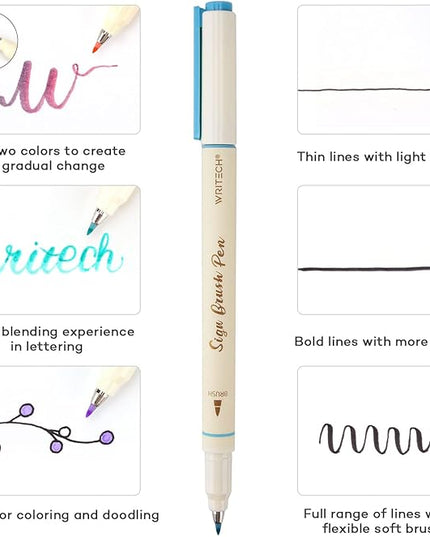 WRITECH Arts Sign Brush Pen Brush Tip Marker Felt Tip Water Based Ink Color Pens 12 Assorted Vintage Colors Great for Lettering Journaling Calligraphy (Vintage)